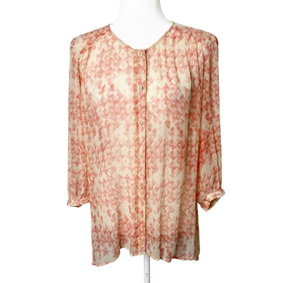 Cabi Women's Emerson Blouse M Silk Orange & Cream Button Up 3/4 Sleeve Sheer 756 - Picture 2 of 8